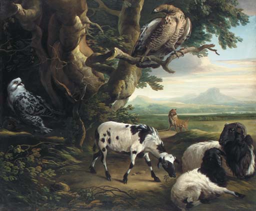 Birds of Prey, Goats and a Wolf, in a Landscape